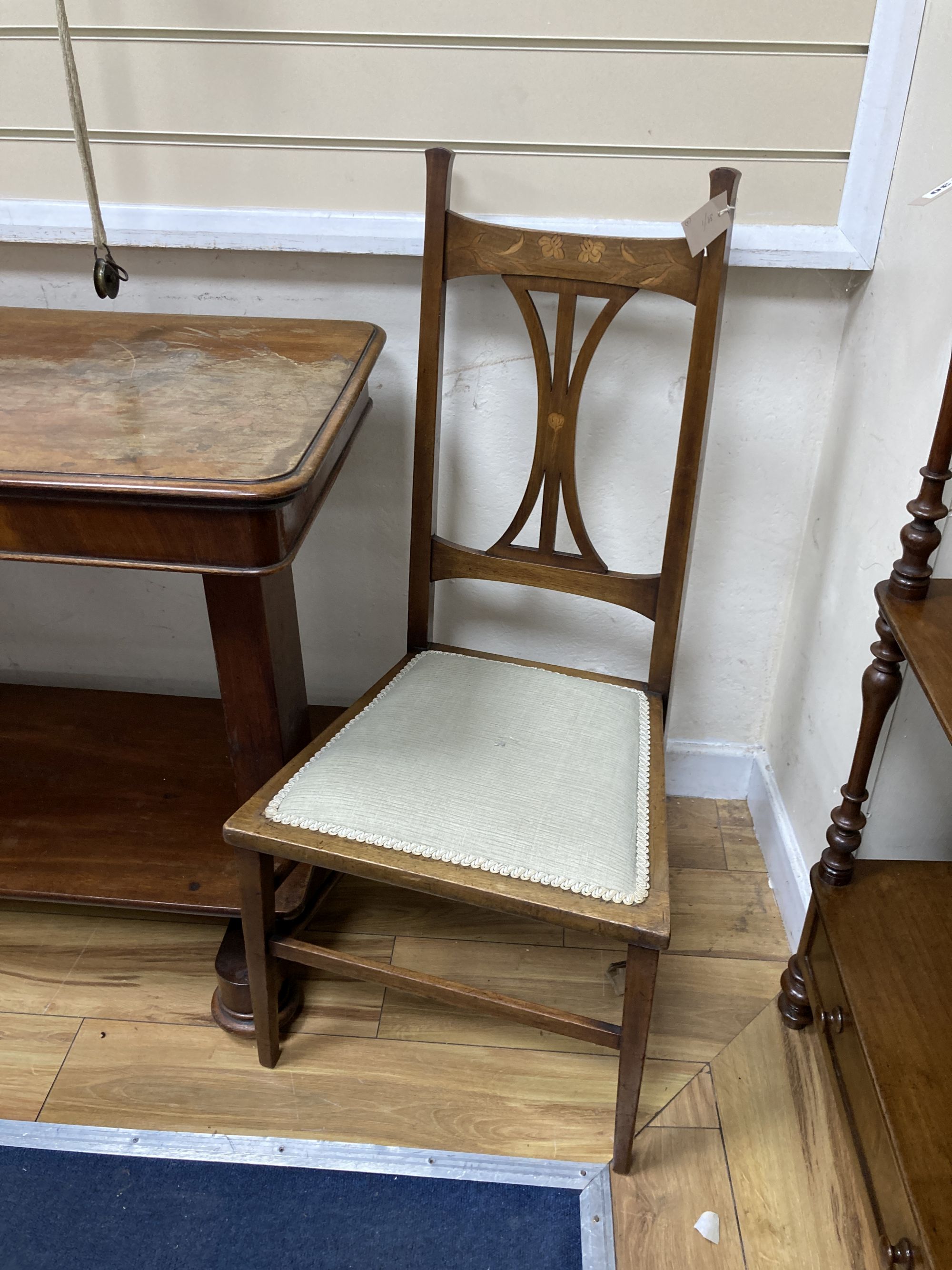A Victorian adjustable mahogany dumb waiter, width 102cm, depth 48cm, together with an Art Nouveau inlaid mahogany side chair